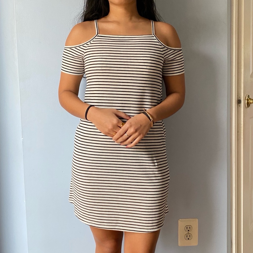 Striped Black and White Cut off Shoulder Dress!